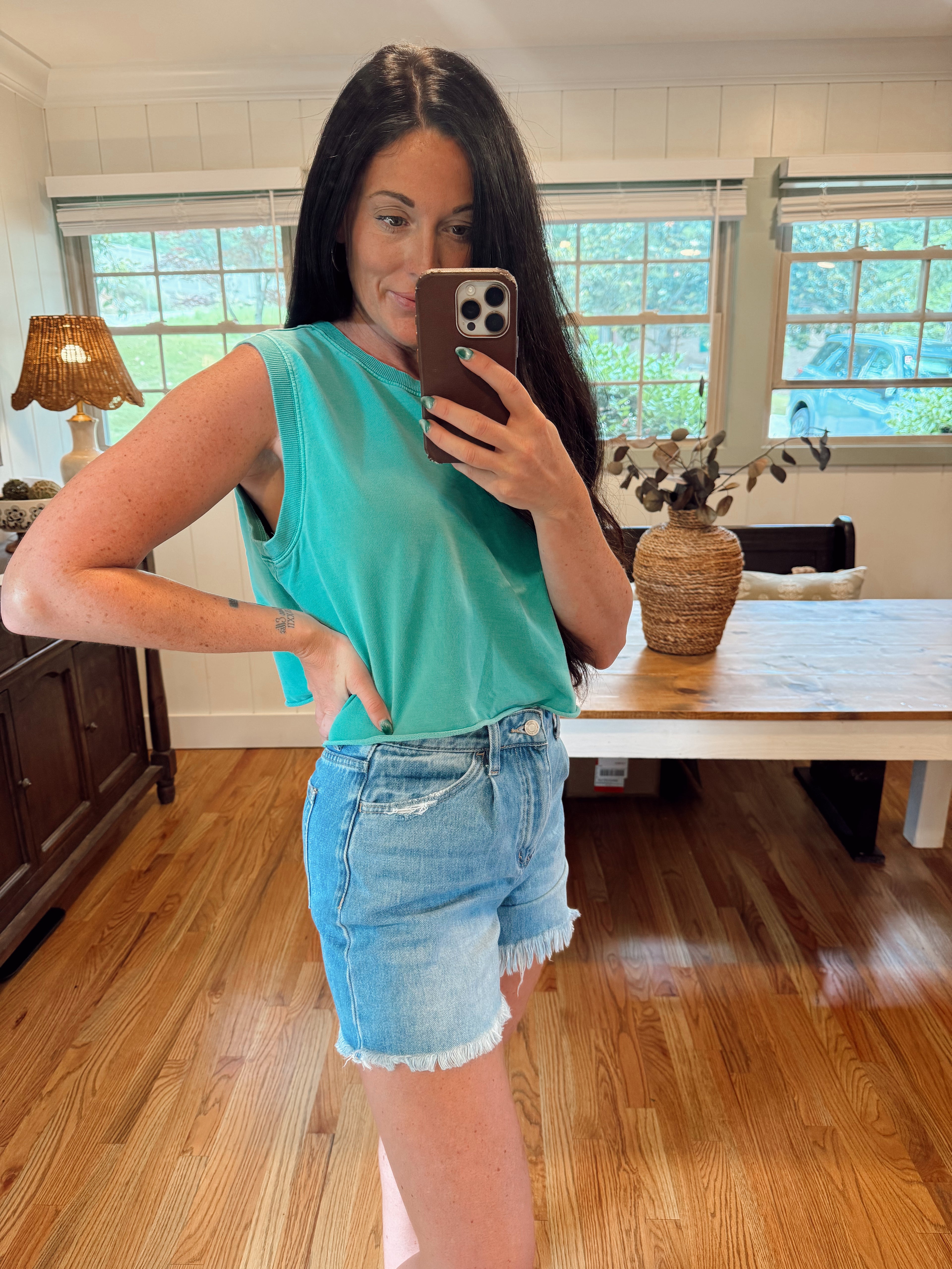 Green knit cotton round tank