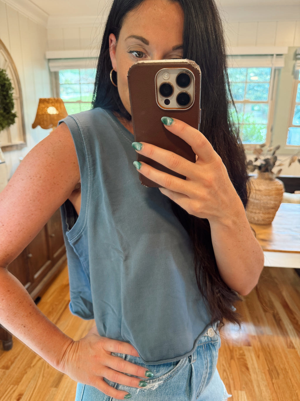 Denim knit cotton round tank
