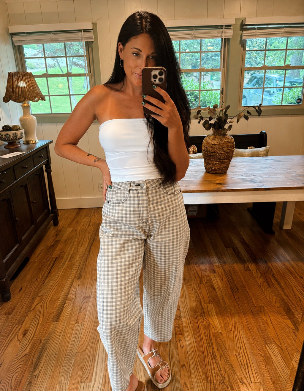 Olive checkered barrel jeans