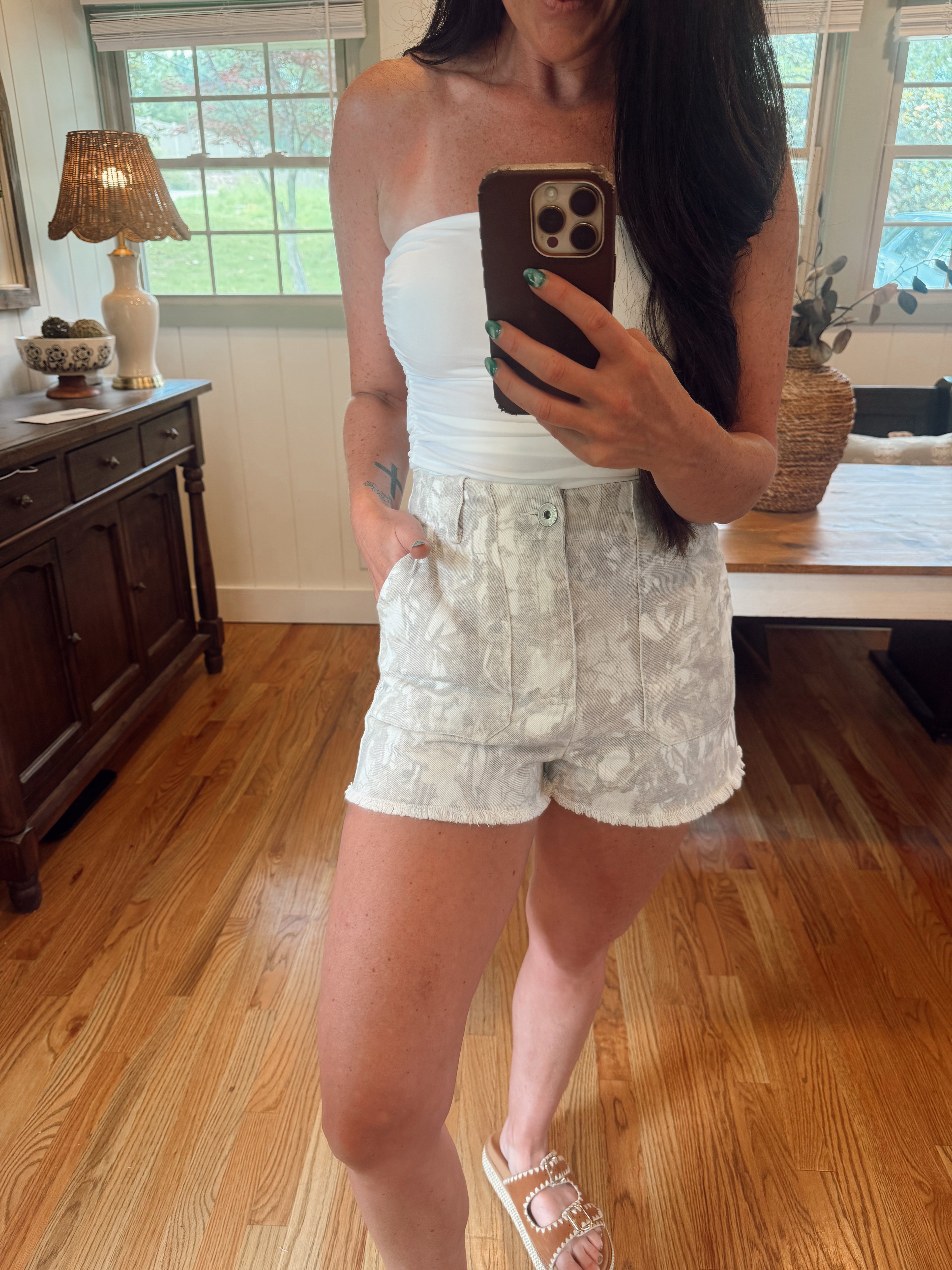 Camo denim shorts
