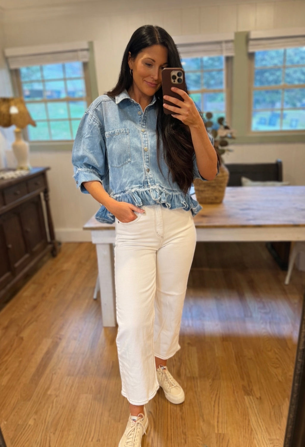 denim ruffle shirt