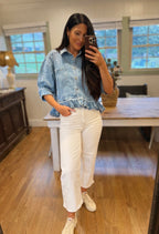 denim ruffle shirt