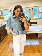 denim ruffle shirt
