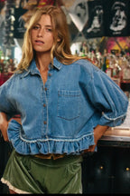 denim ruffle shirt