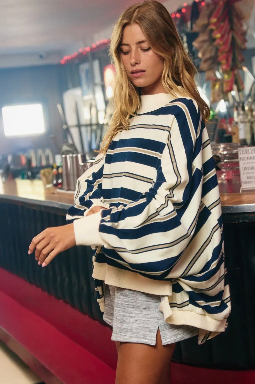 striped oversized mockneck