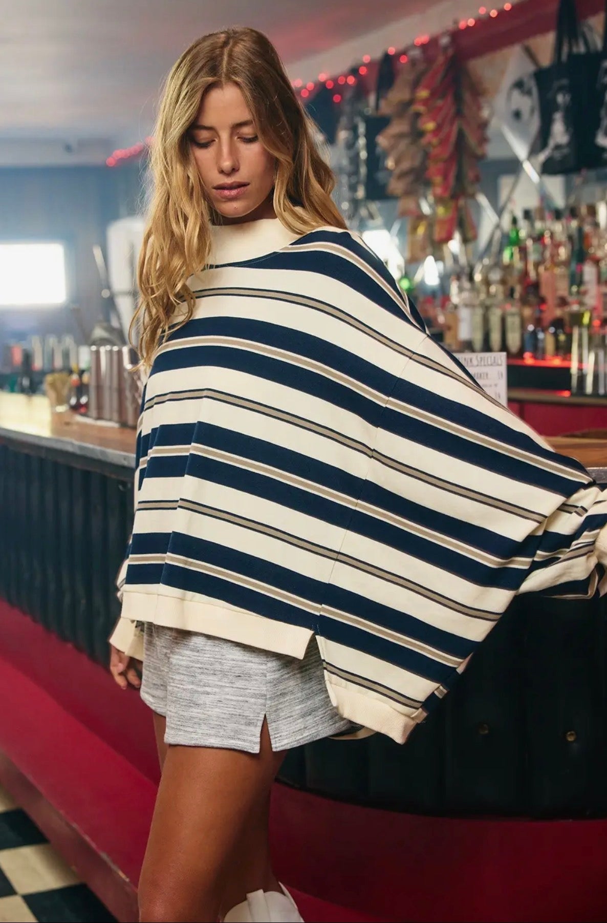 striped oversized mockneck