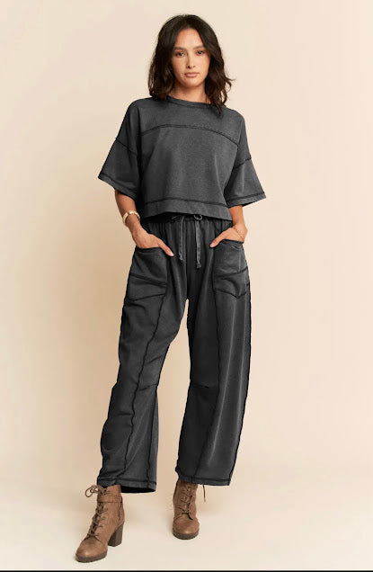 washed black barrel pant set