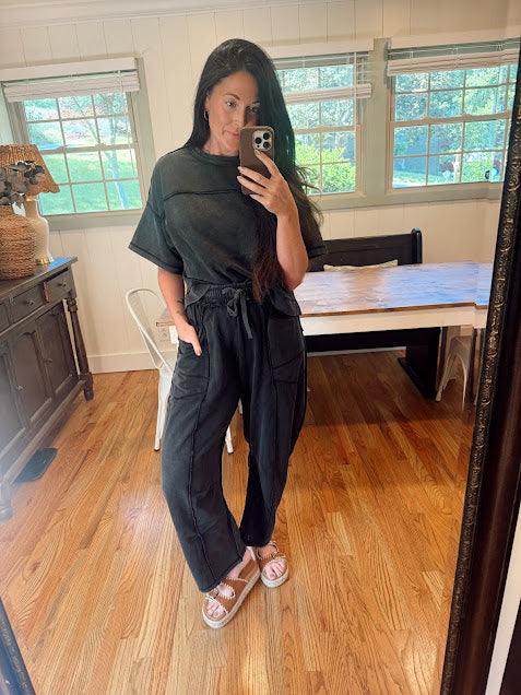 washed black barrel pant set